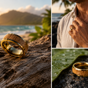 Men's Ring - Gold Plated Titanium With Olivewood Inlay